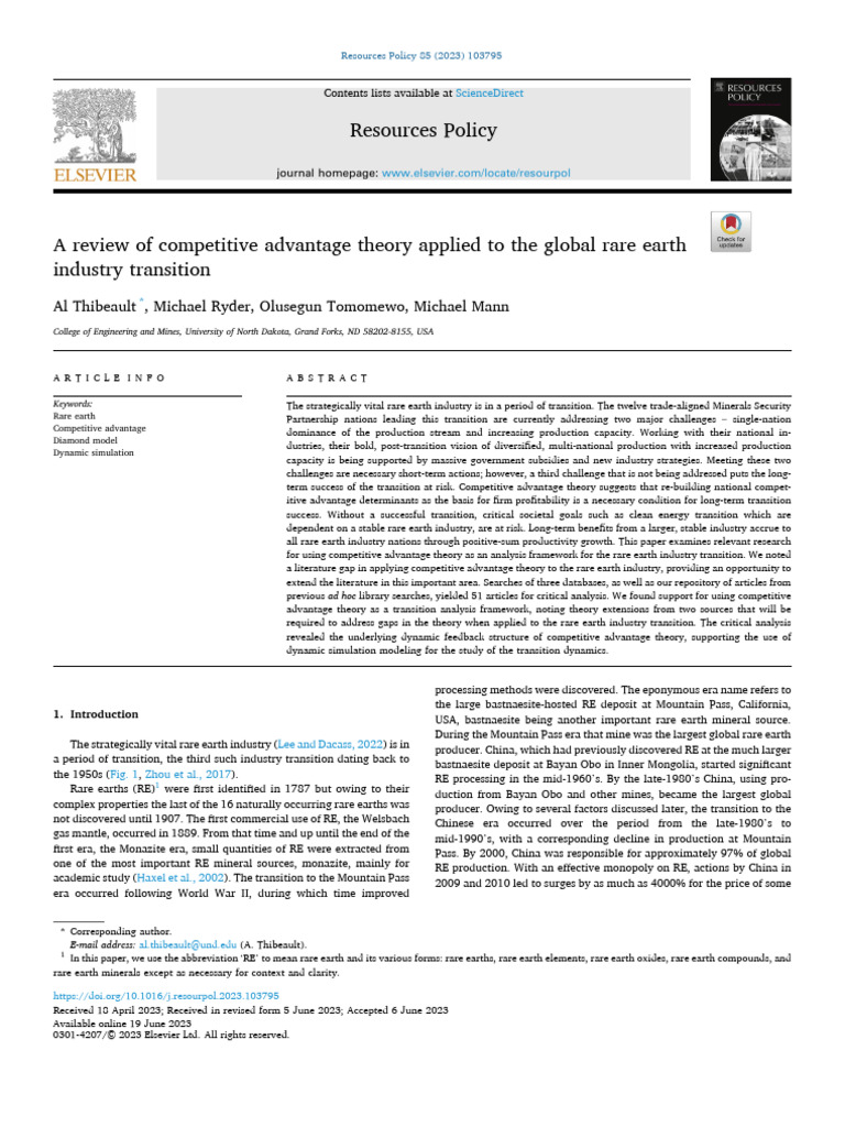 A Review of Competitive Advantage Theory Applied To The Global Rare ...