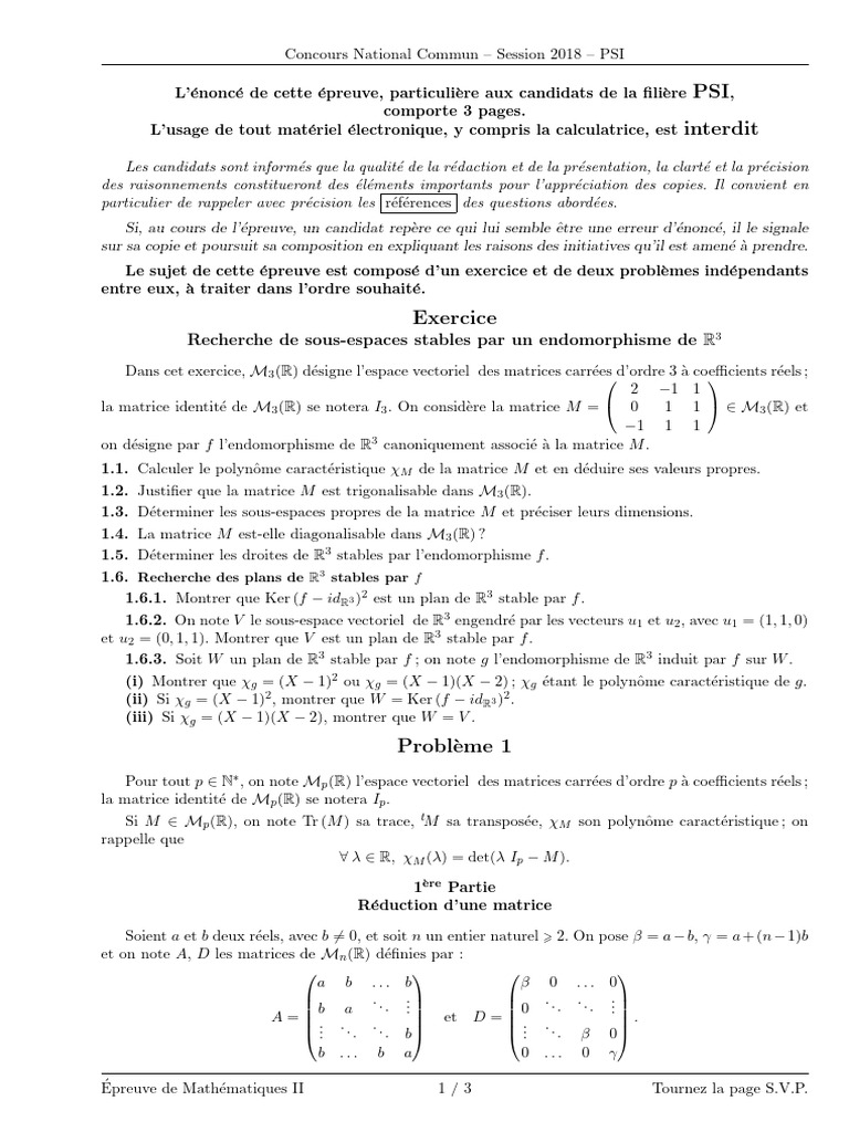 Concours National Commun 2018 - PSI Math | PDF | Matrice (Mathématiques ...