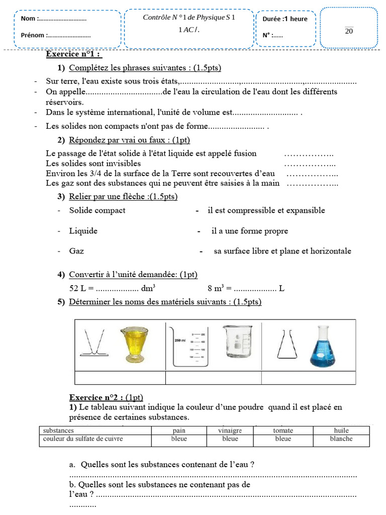 Contrôle N°1 de Physique 1AC | PDF | Masse | Physique