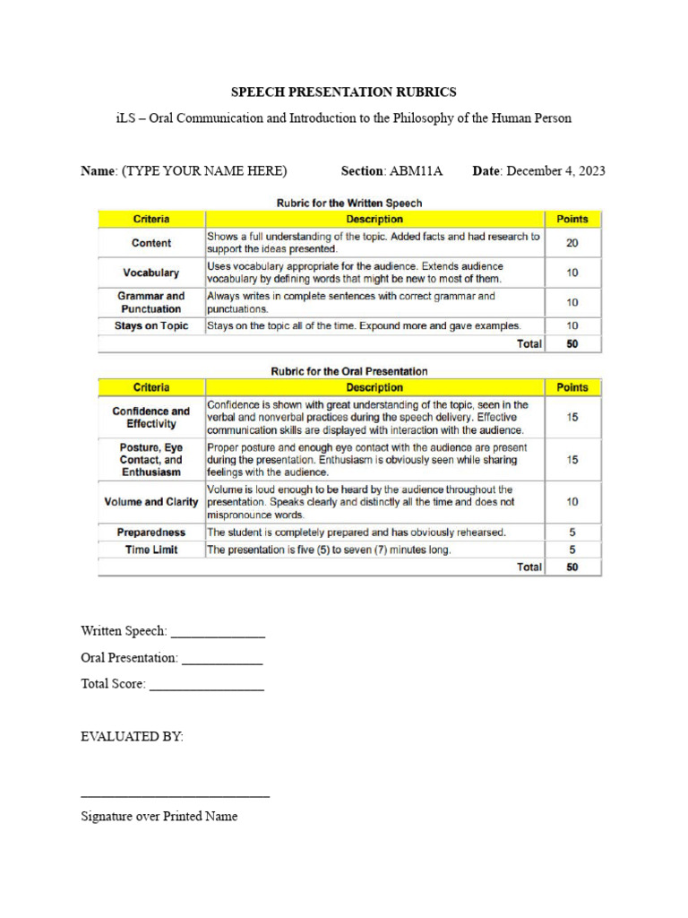 Speech Presentation Rubrics | PDF | Communication | Human Communication