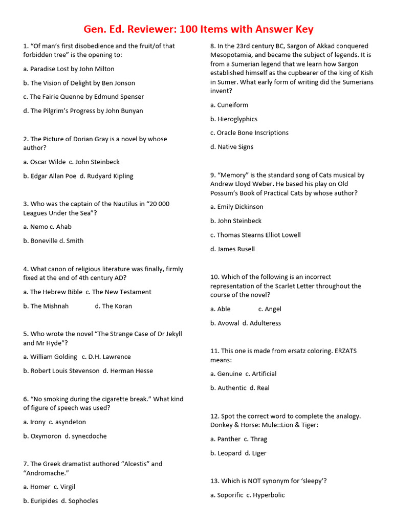 General Education Review: 100 Questions | PDF | Japanese Poetry | Word