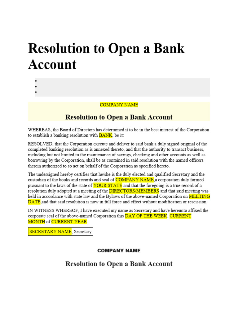 Board Resolution for Bank Account Opening | PDF | Justice | Crime ...