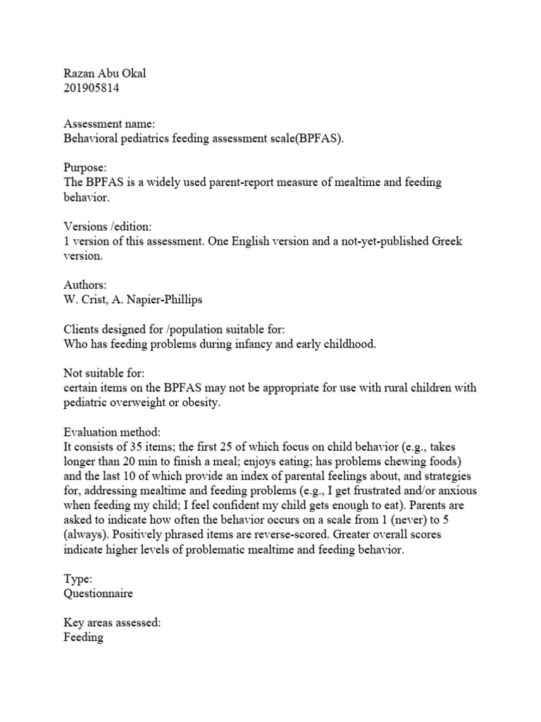 behavioral pediatrics feeding assessment scale