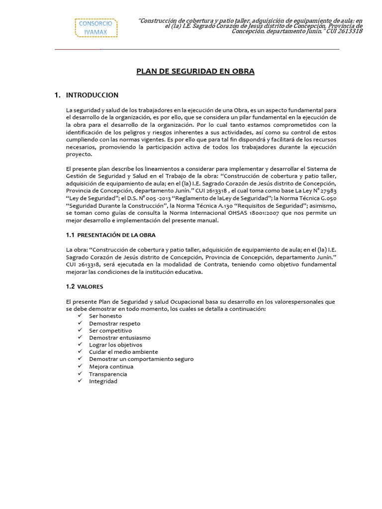 For - 01 Plan de Seguridad | PDF | Seguridad y salud ocupacional | La ...