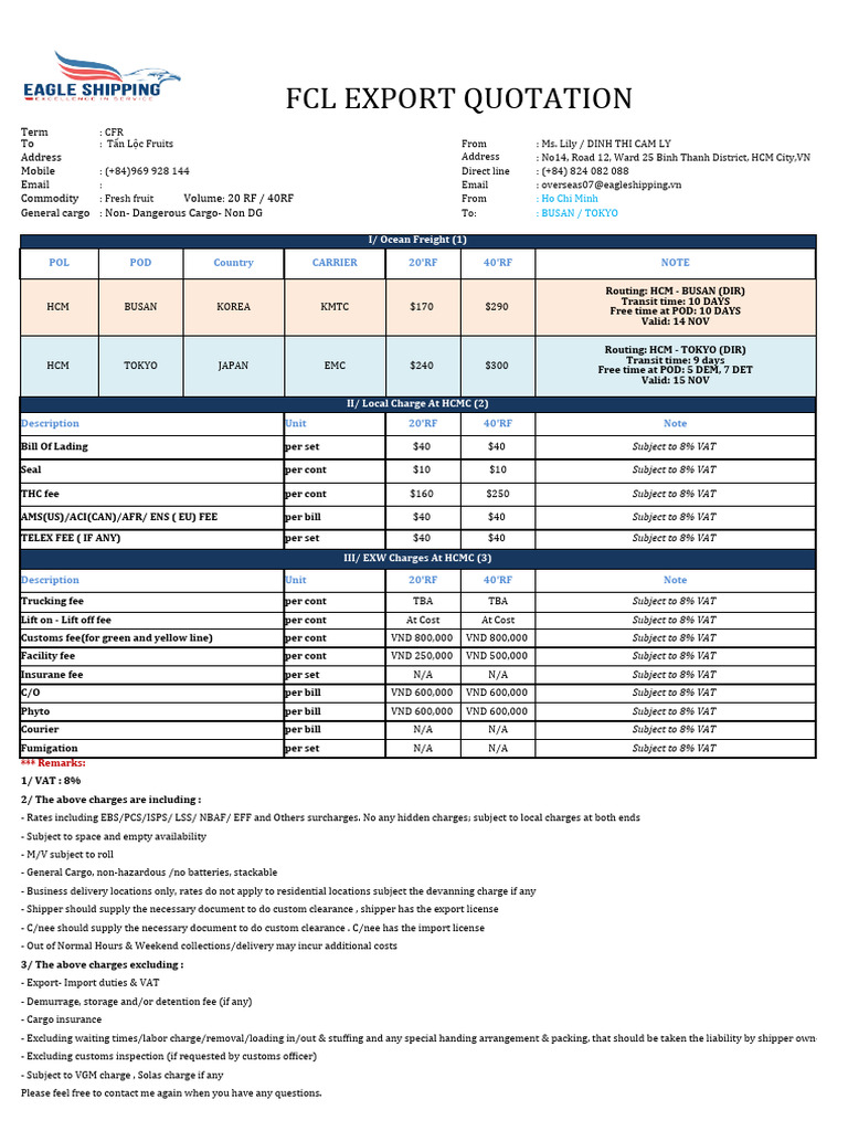 FCL Export Quotation for Fresh Fruits | PDF | Cargo | Customs