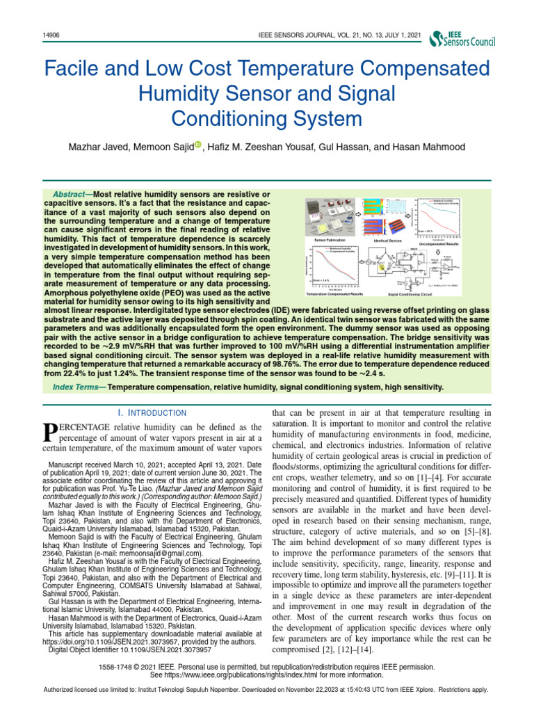 Facile and Low Cost Temperature Compensated Humidity Sensor and Signal ...