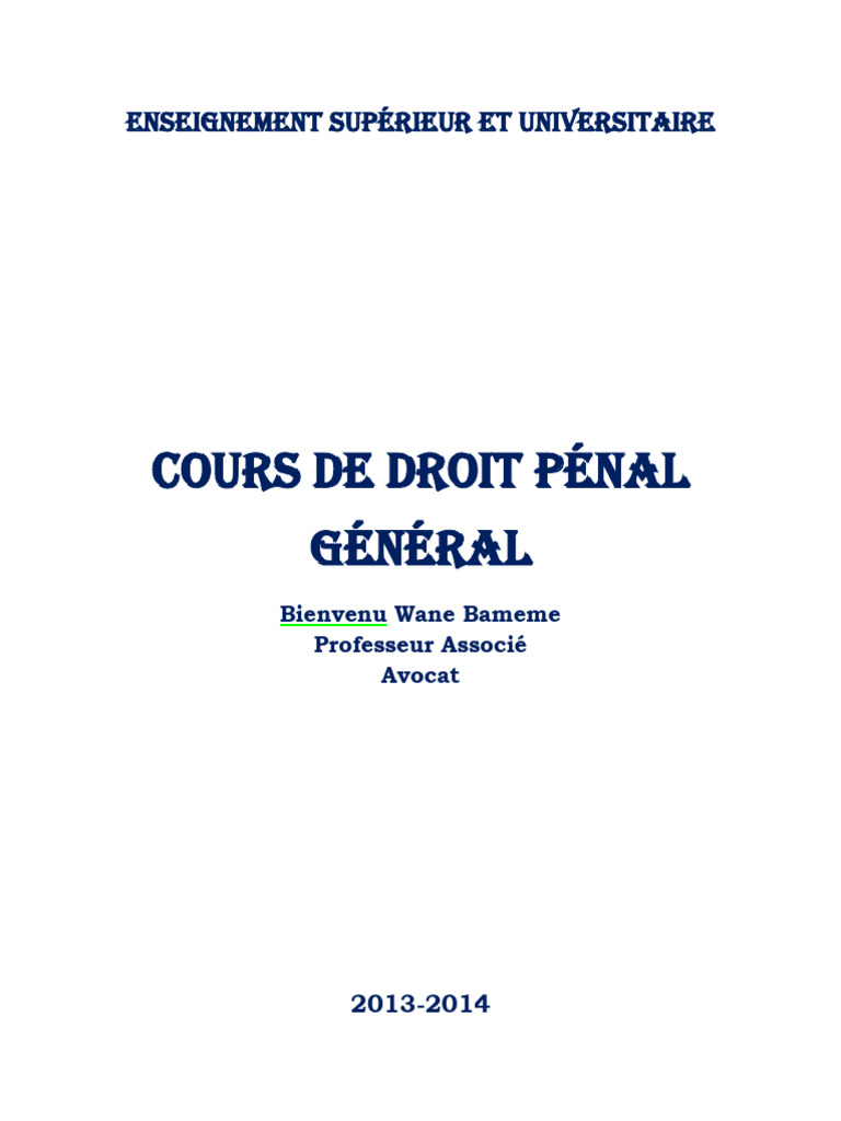 Cours de Droit Pénal Général Congolais | PDF | Loi criminelle | Crimes