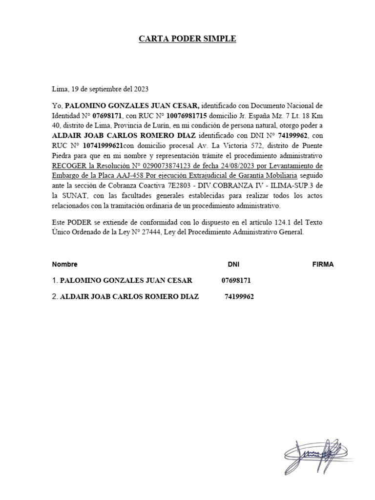 Carta Poder para Levantamiento de Embargo | PDF