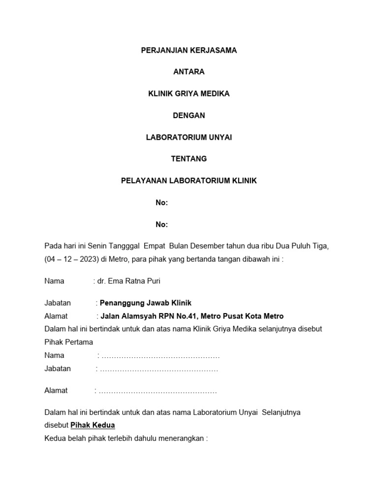 PERJANJIAN KERJASAMA Lab Unyai PDF