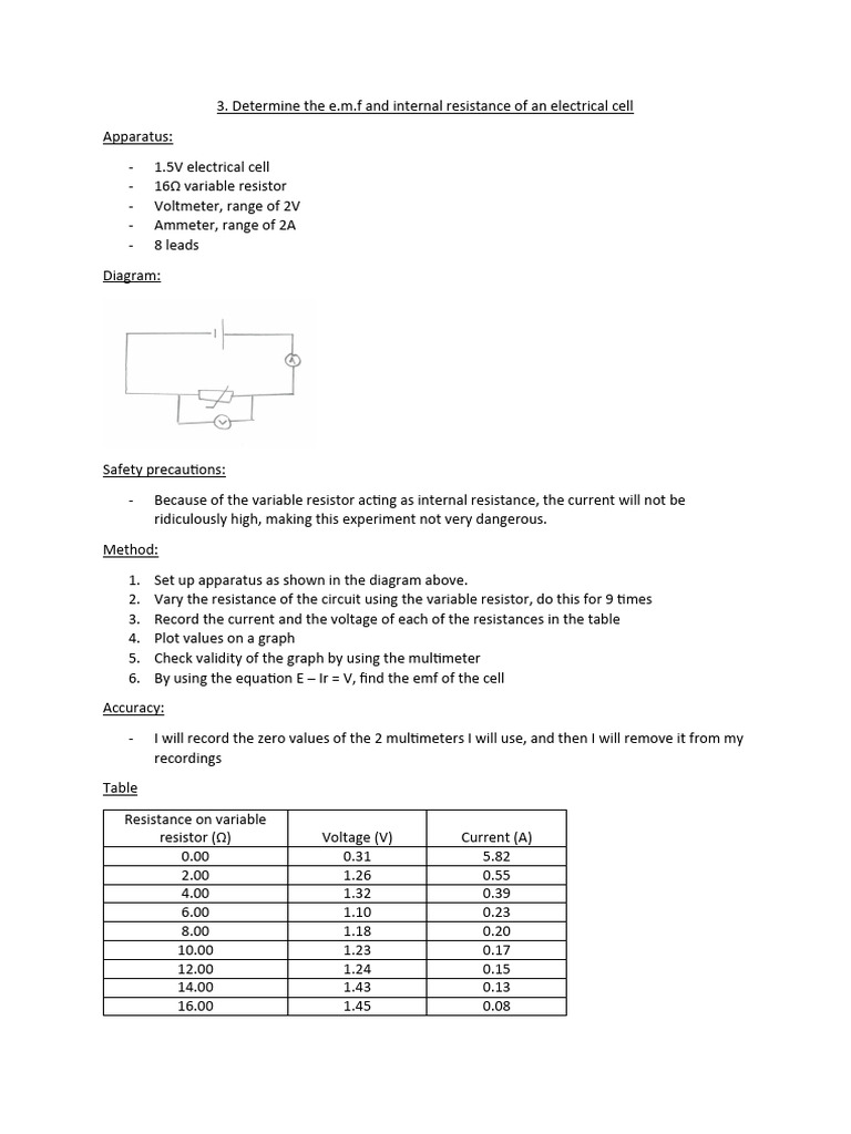 Determine The E.M.F and Internal Resistance of An Electrical Cell ...