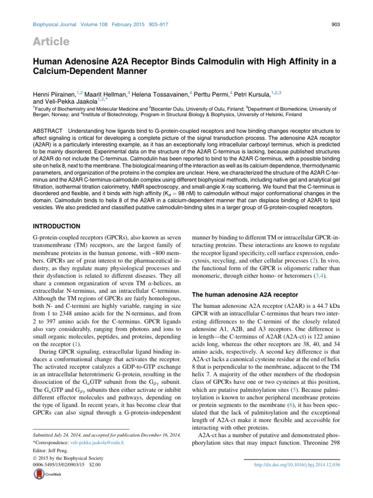 Human Adenosine A2A Receptor Binds Calmodulin With High Affinity in A ...