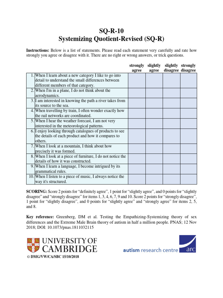 SQ-R Assessment for Systemizing Quotient | PDF | Language Arts ...