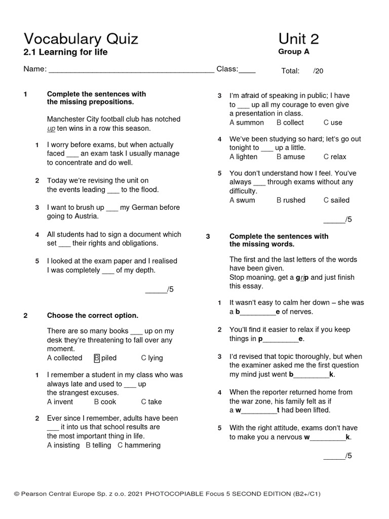 Focus5 2E Vocabulary Quiz Unit2.1 GroupA 2kol | PDF | Self-Improvement