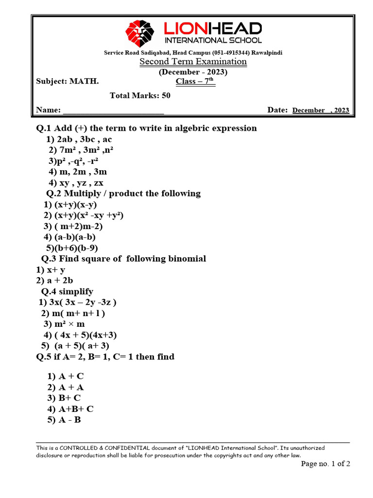 Computer Paper Class 9 Second Term Exams (December 2023) PDF