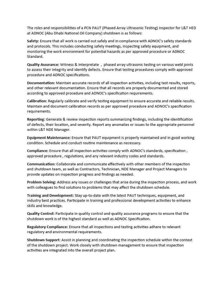 PAUT Inspector Roles at ADNOC Shutdown | PDF | Safety | Specification ...
