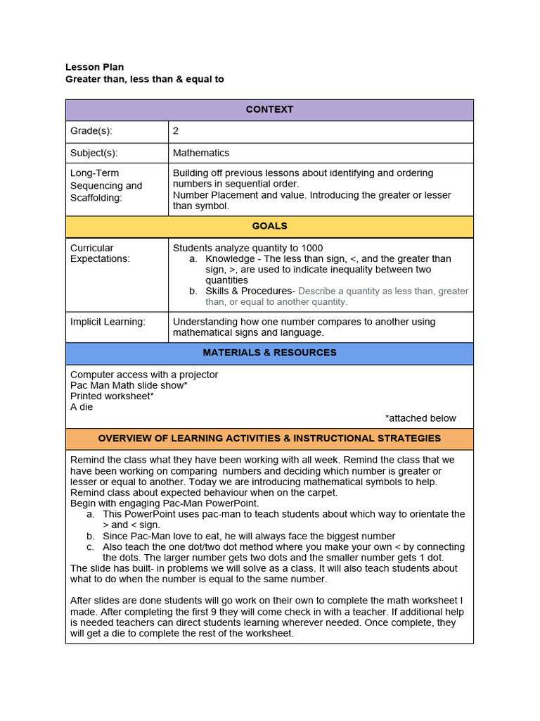 Teaching Greater/Less Than in Grade 2 | PDF | Lesson Plan | Learning