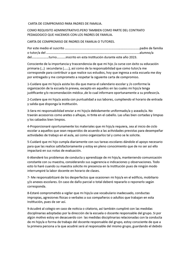 Carta de Compromiso para Padres de Familia | PDF