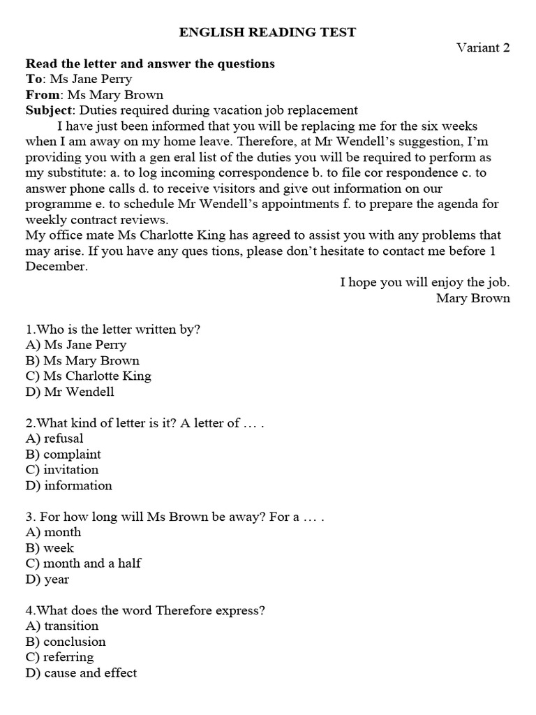 English reading test 2 variant 1 pdf