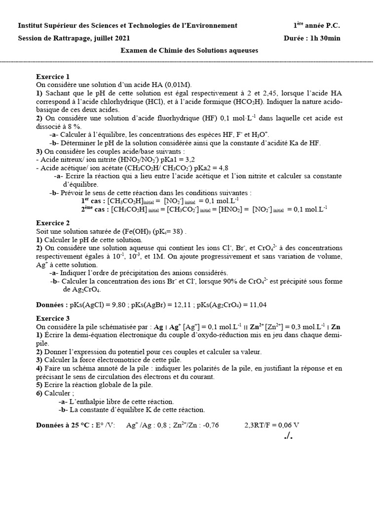 Examen de Chimie des Solutions Aqueuses | PDF | Acide | Ph