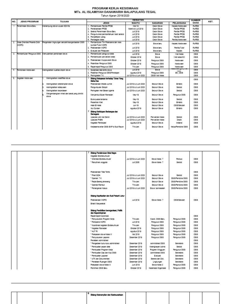 Program Kerja Dan Jadwal Kegiatan Kesiswaan | PDF