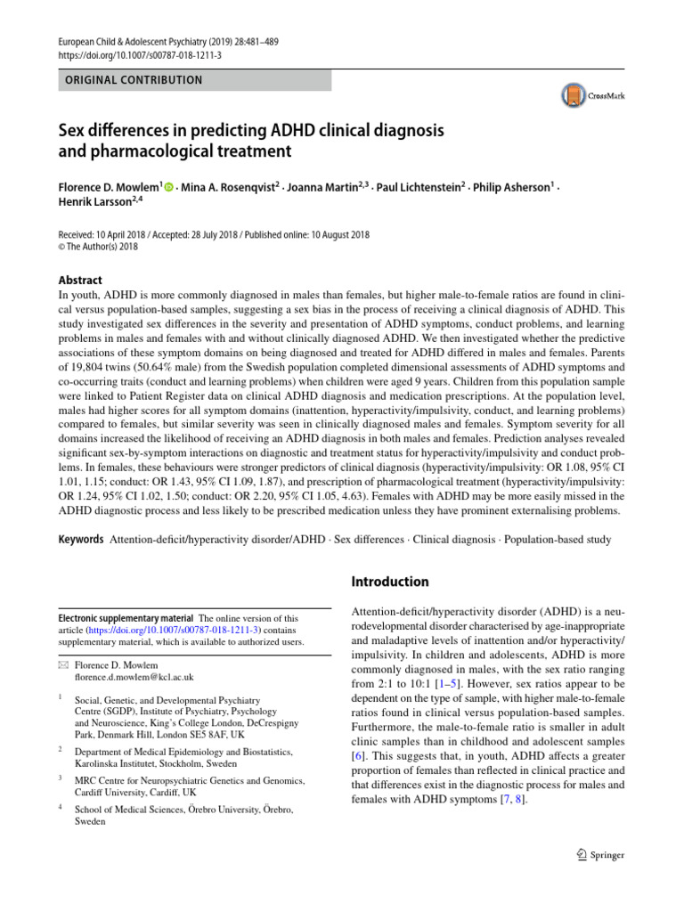 Sex Differences in Predicting ADHD Clinical Diagnosis and ...