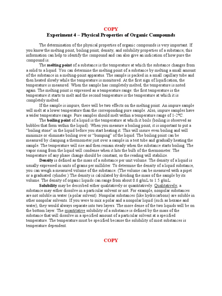 Experiment 4 Physical Properties of Organic Compounds PDF