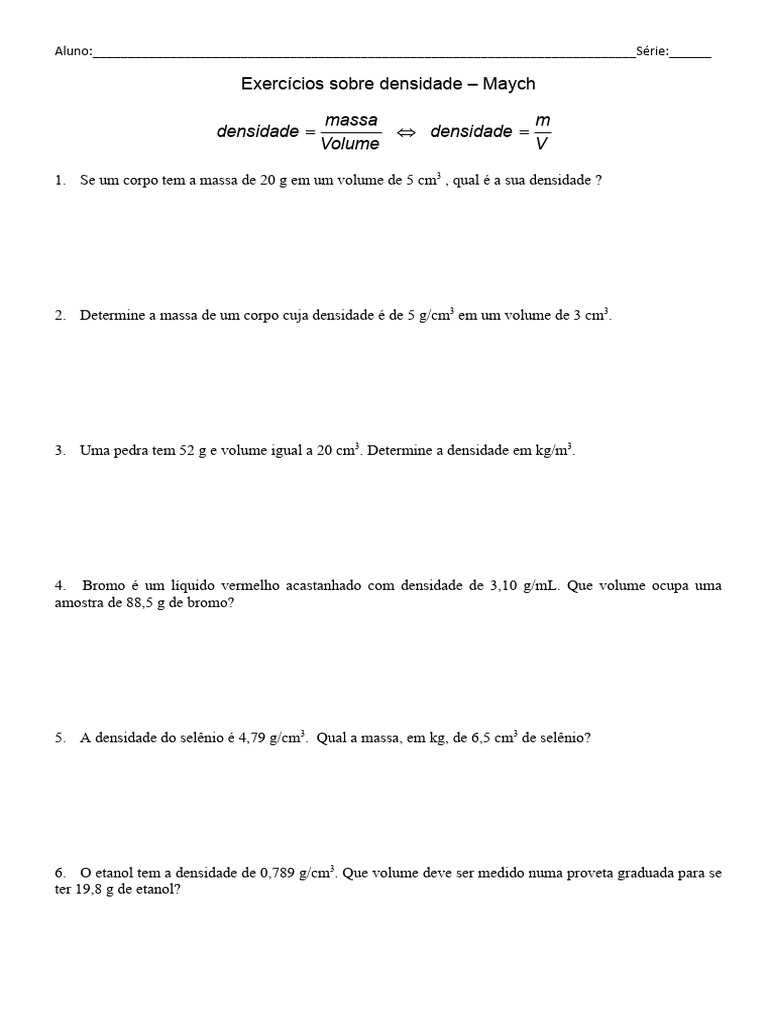 Exercícios de Densidade para 9º Ano | PDF | Densidade | Quantidades físicas