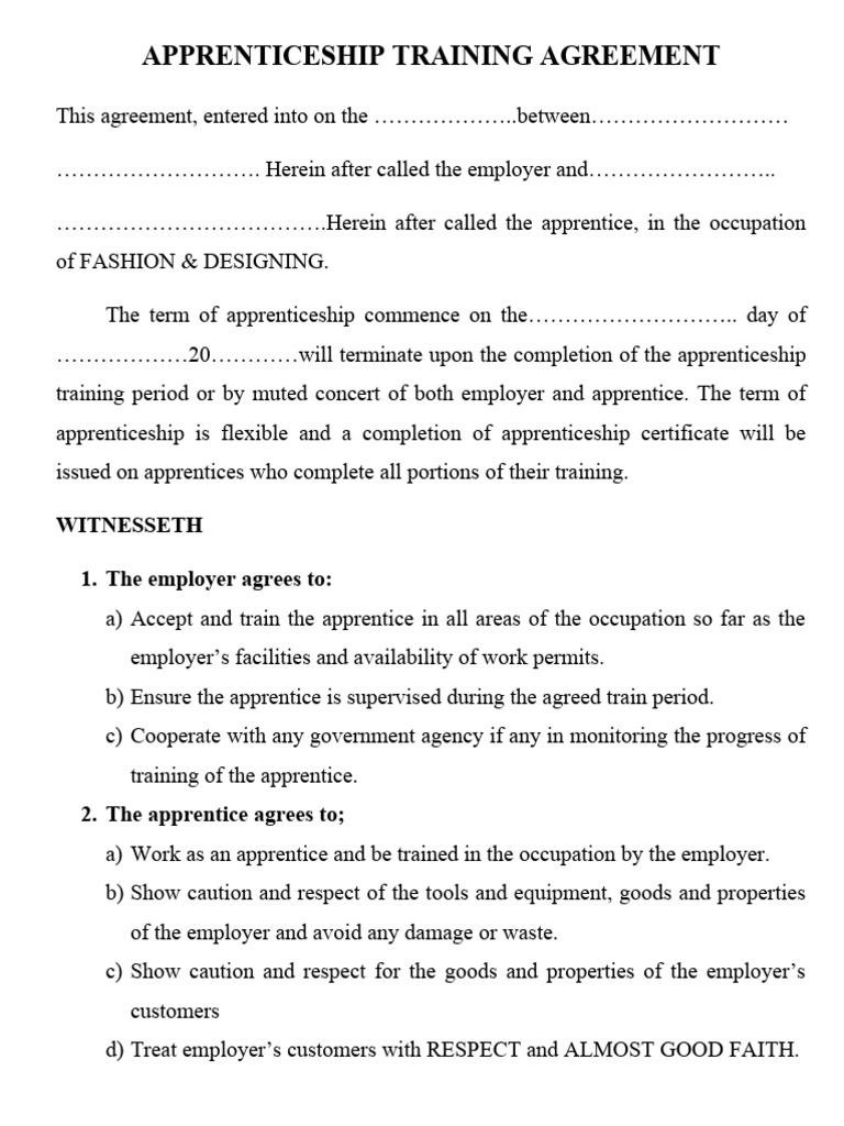 Apprenticeship Training Agreement | PDF | Apprenticeship | Employment