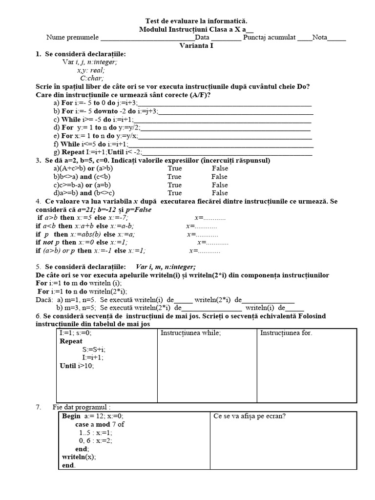 Test de Evaluare La Informatică | PDF