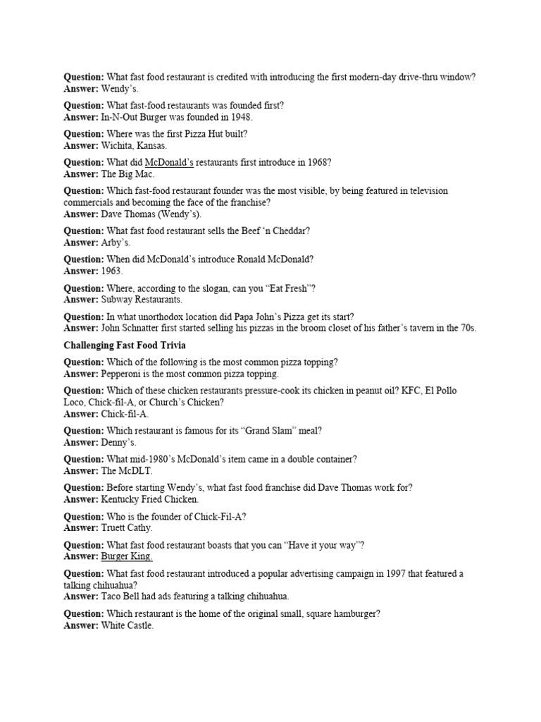 Fast Food Trivia PDF Hamburgers Fast Food