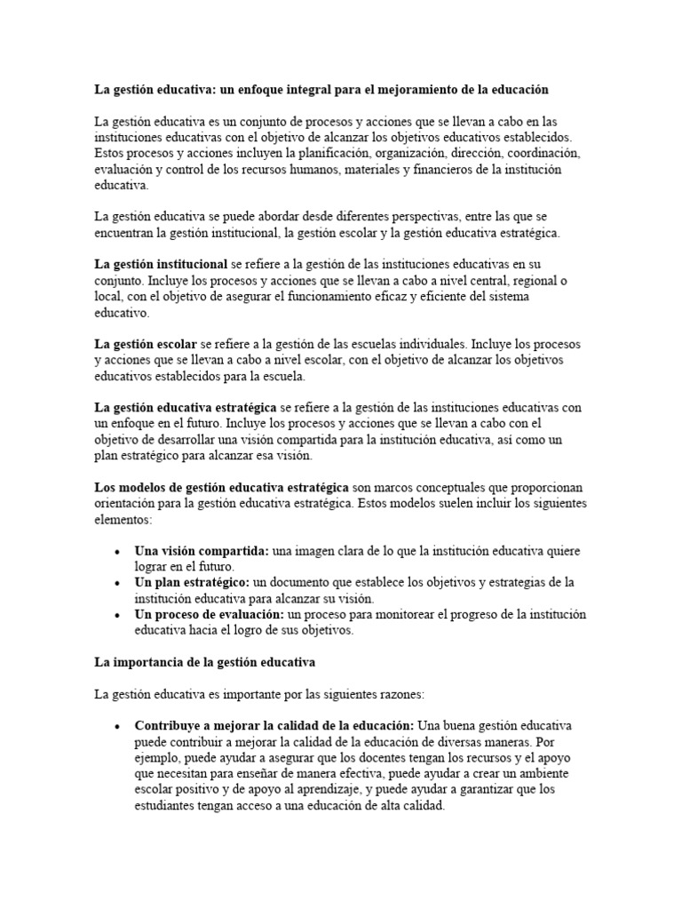 La Gestión Educativa | PDF | Planificación estratégica | Planificación