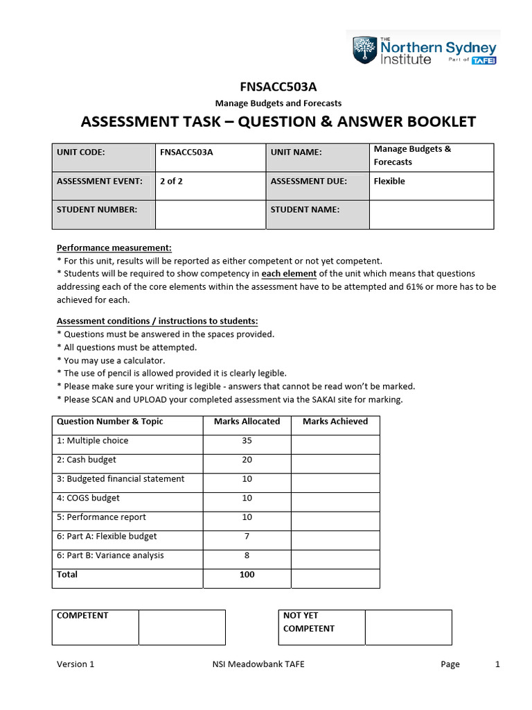Fnsacc503a Budgeting Assessment 2 Question and Answer Booklet