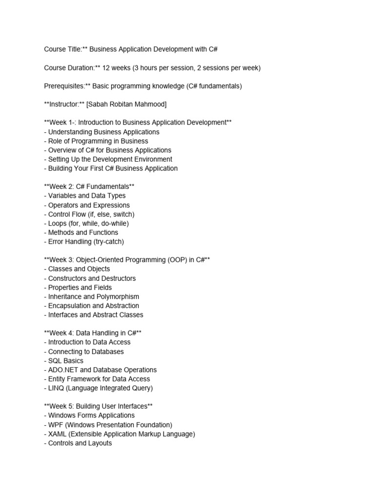 Course Title - Business Application Development With C# | PDF | C Sharp ...