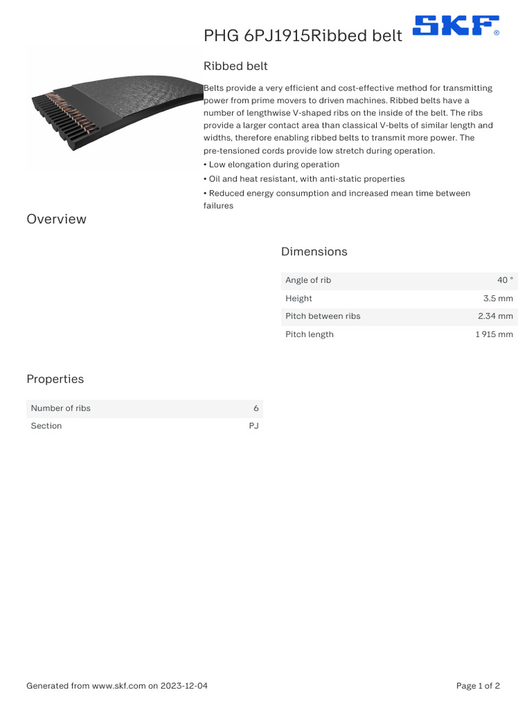 SKF PHG 6PJ1915Ribbed Belt Specification PDF License Belt (Mechanical)