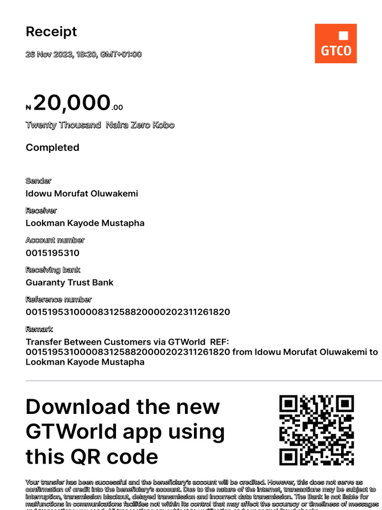 GTWorld Transfer Receipt: ₦20,000 Transaction | PDF | Finance & Money ...