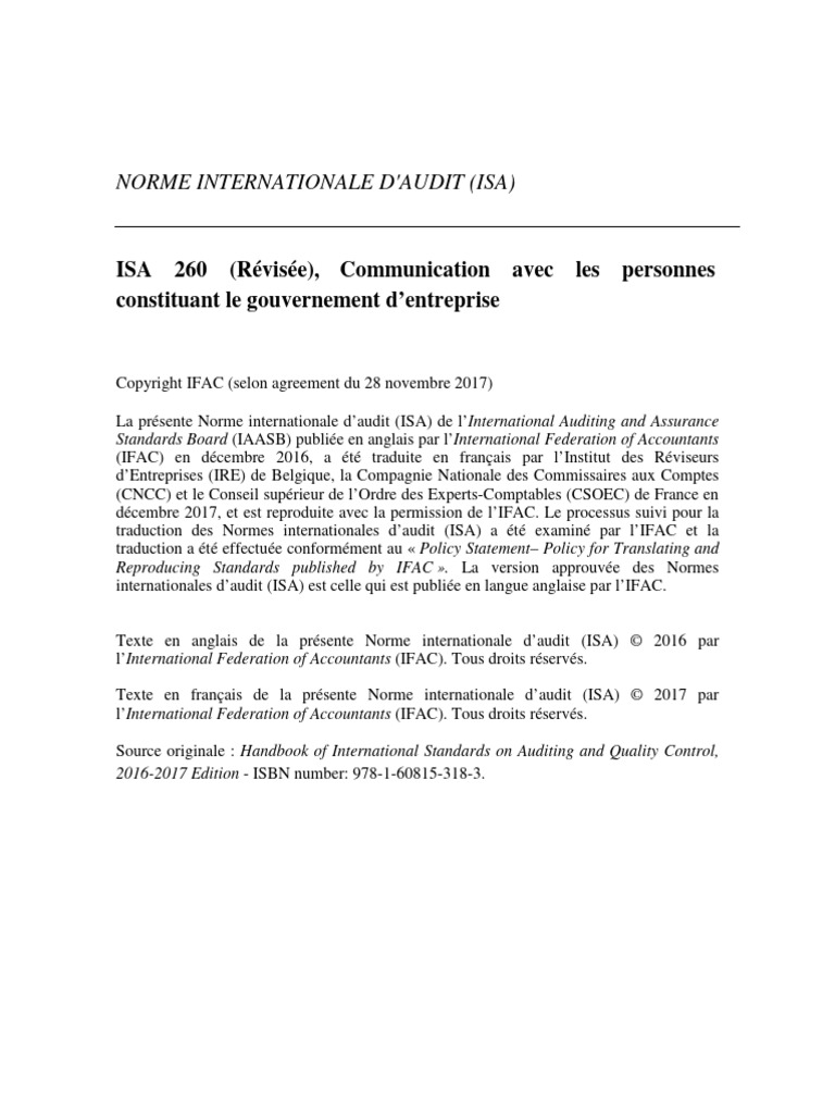 Isa 260 | PDF | Audit | Contrôle interne