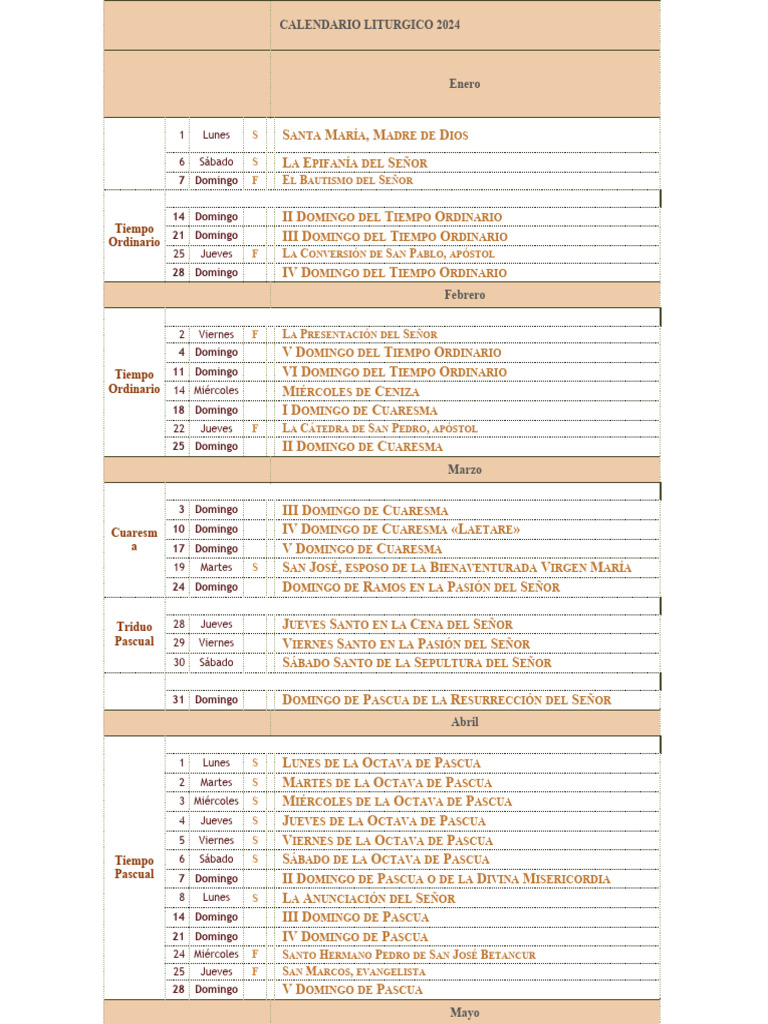 Calendario Litúrgico 2024 Católico | PDF | Año litúrgico | Pascua de ...