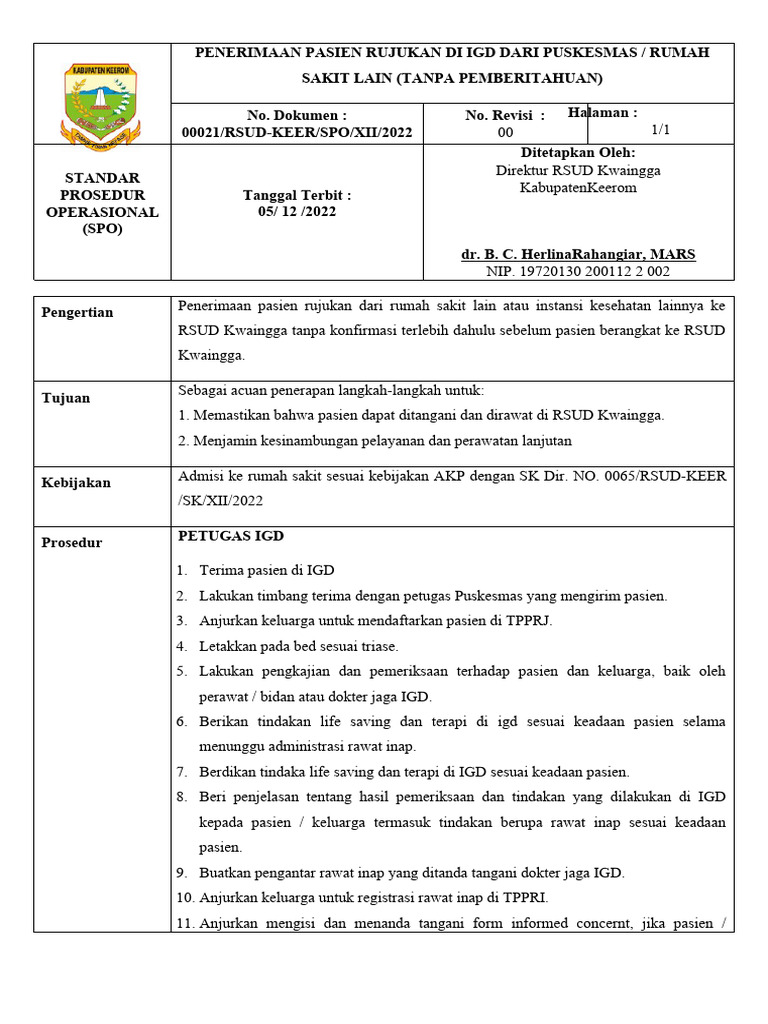 Sop Penerimaan Pasien Rujukan Di Igd Dari Puskesmas Rumah Sakit Lain ...