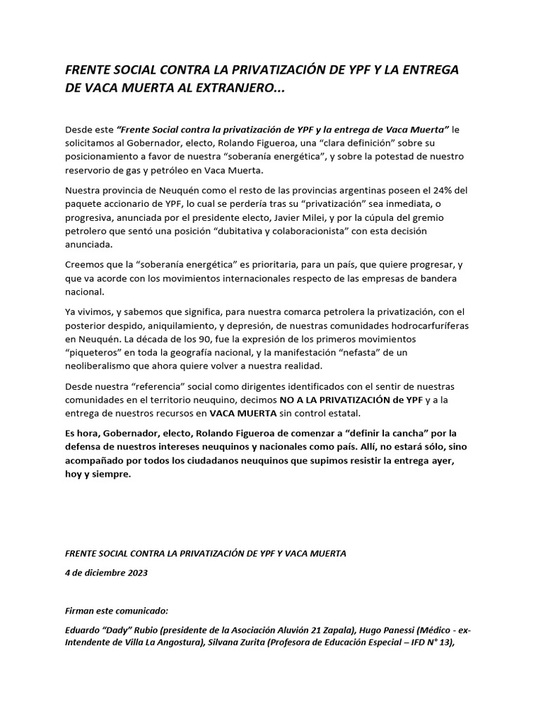 Frente Social Contra La Privatización de YPF y VACA MUERTA | PDF | Política