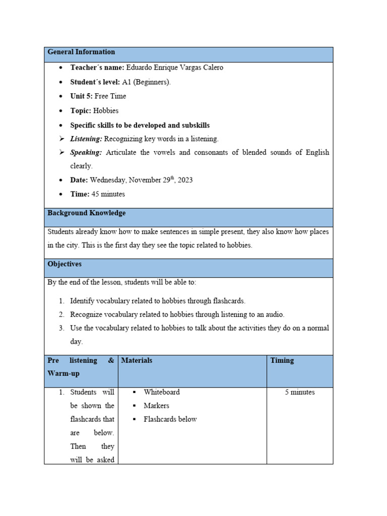 A1 Lesson Plan: Hobbies and Free Time | PDF | Vocabulary | Linguistics
