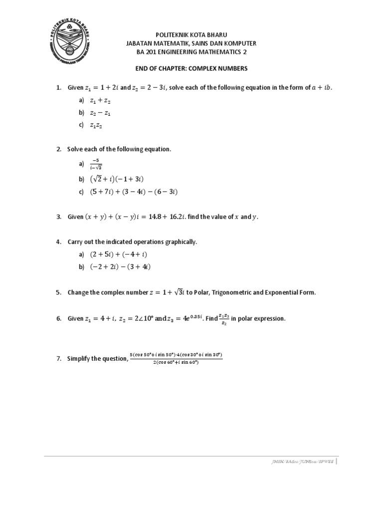 Complex Numbers Exercises | PDF