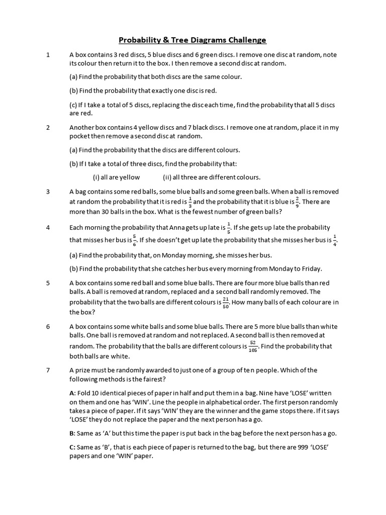 Probability and Tree Diagrams Challenging Questions | PDF