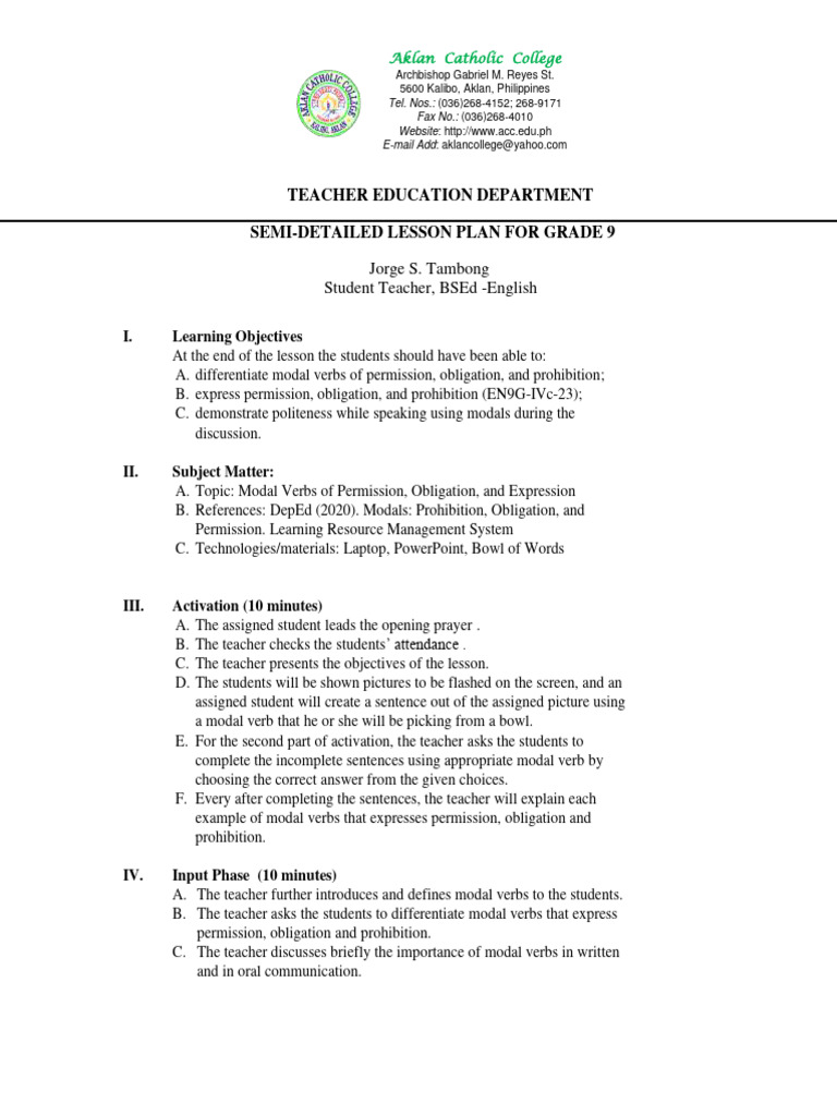 Lesson Plan Performance Standard
