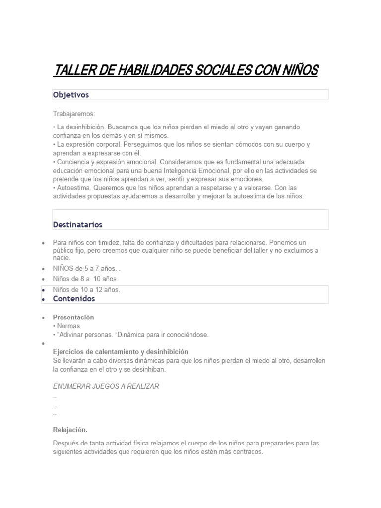 Taller de Habilidades Sociales Con Niños | PDF | Aprendizaje | Las ...