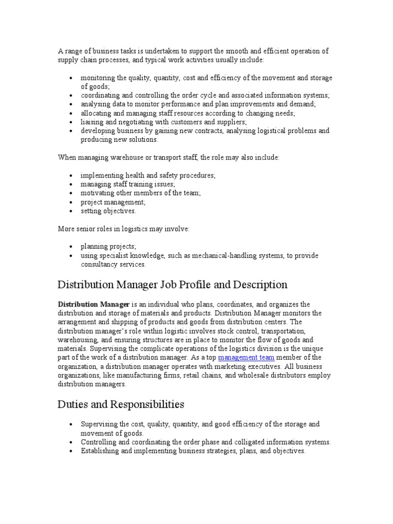 Distribution Manager Job Profile and Description | PDF | Logistics