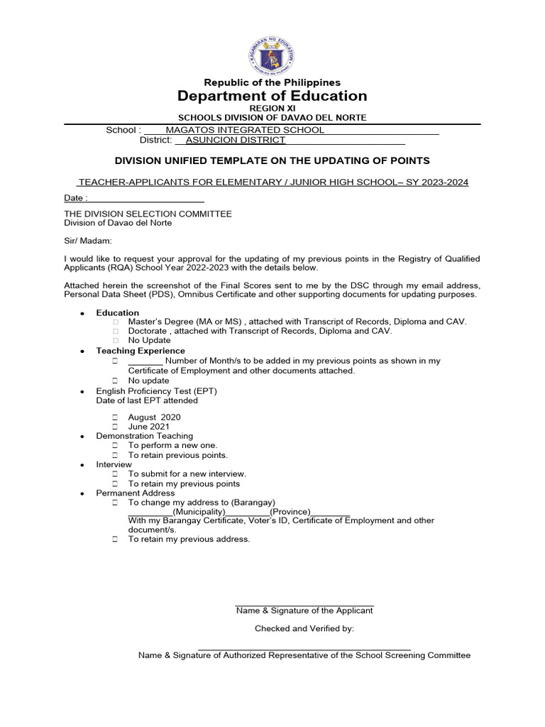 Final Copy of Division Unified Template For The Updating of RQA Points