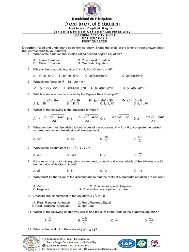 Grade 9 Quadratic Equations Activity Sheet | PDF | Quadratic Equation ...