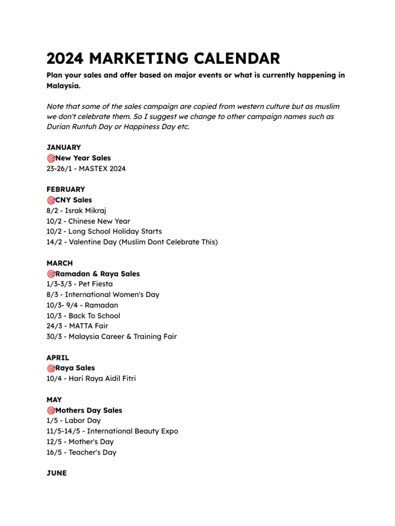 2024 Marketing Calendar Malaysia | PDF