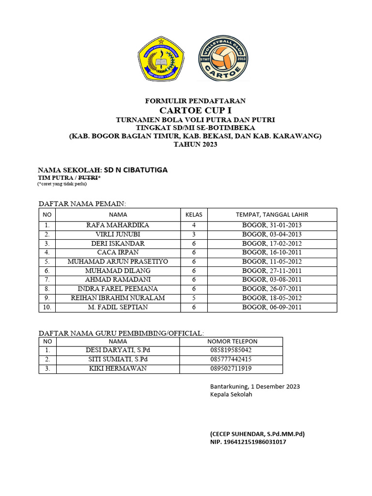 Formulir Pendaftaran CARTOE CUP 1 Tahun 2023 PDF