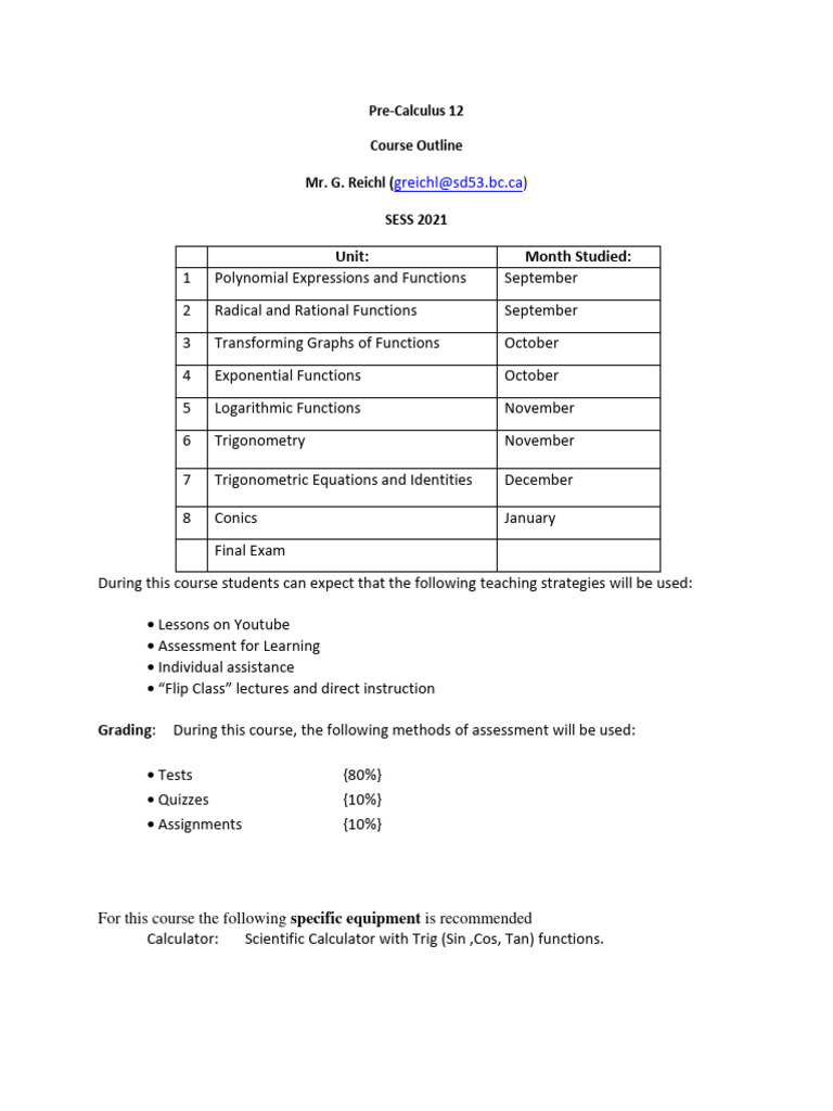 Course Outline Pre Calc Math 12 Download Free PDF Learning